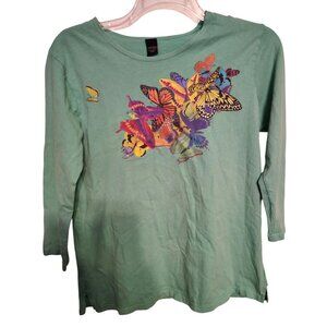 Sabaku Teal Blue Small Shirt, Butterflies, Butterfly, 3/4 Sleeve Cotton USA